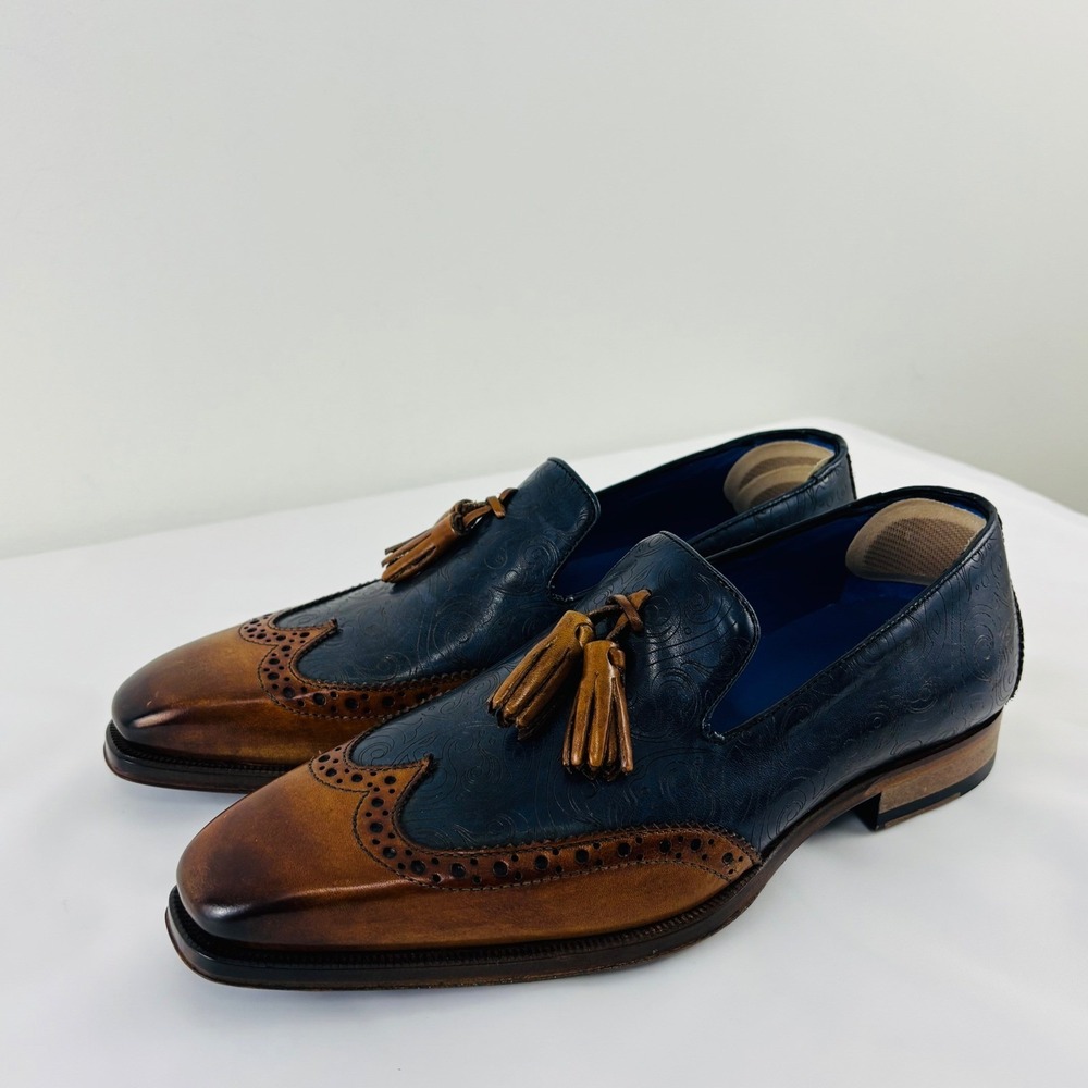 Emilio Franco Navy Blue Paisley Cognac Leather Tassel Wingtip Loafers Italy Sz 7 - Picture 2 of 13